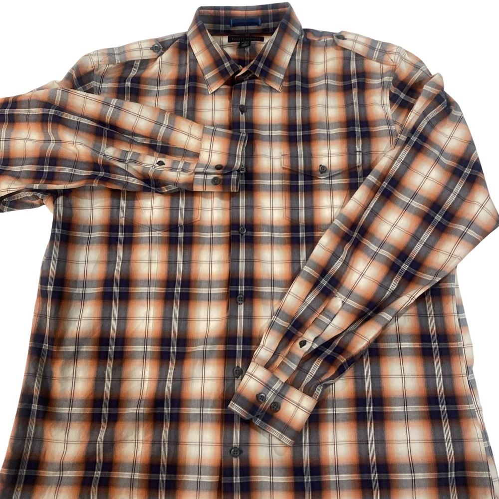 Banana‎ Republic Mens Orange Navy Plaid Epaulette Button Down Shirt Large L